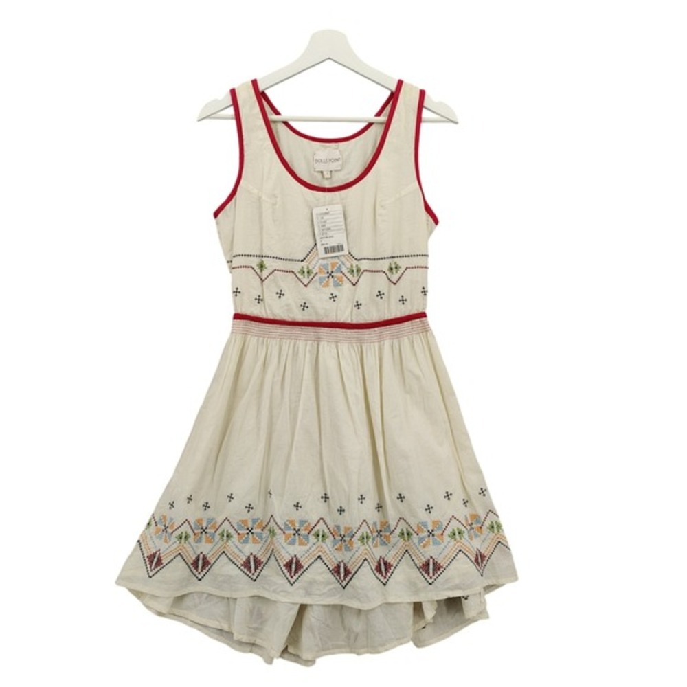 Dolls Point Women Cottagecore Peasant Folk Dress 4 Cream Red Embroidery High Low